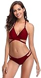 SHEKINI Bikini Damen Sexy Push up Brazilian Verstellbar Neckholder Bikini Oberteil Bikini Set Triangel Bikinihose Zweiteiliger Badeanzug (S, Weinrot)