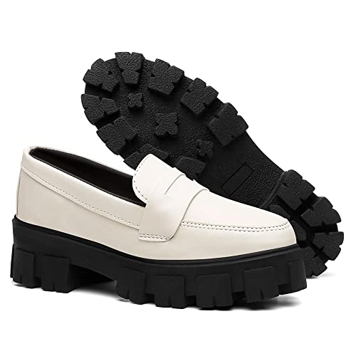 Sapato Mocassim Feminino Tratorado Casual Tendência Sola Alta Oxford Off White Cor:Branco;Tamanho:35