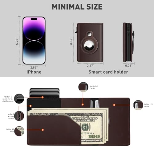 Image of Wallet for Men Minimalist Pop Up Credit Card Case Holder 1-7 Cards, Smart Slim Wallet with Money Clip ID Window RFID Blocking Bifold Compact (Airtag Not Included) Wallets Gifts for Men (Coffee)