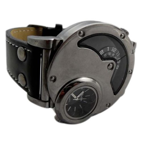 Two Zone Times Sports Watch for Men Navigator Shape Quartz Watches Black Luxury Leather Wristwatch Oulm