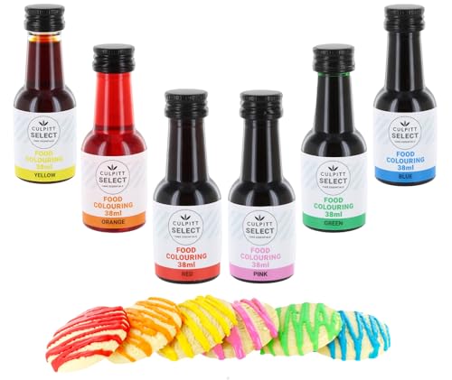 Culpitt Food Colours 6 Pack Made in UK Red Blue Green Pink Orange Yellow Liquid for Baking Cooking and Cake Decorating 228 Ml 228 G