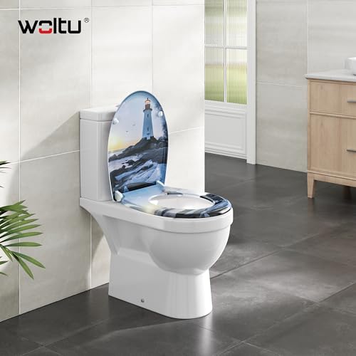 WOLTU Toilettendeckel, WC Sitz mit Absenkautomatik, Klodeckel Quick-Release-Funktion, O-Form-Toilettensitz mit Motiv, Montage oben unten, Duroplast