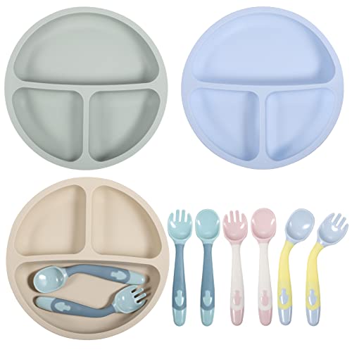 3 Packs Baby Suction Plates, Silicone Baby Weaning Plate with Spoon and Fork Self Feeding Divided Plate for Todders Kids Fits for High Chairs Tray and Tables