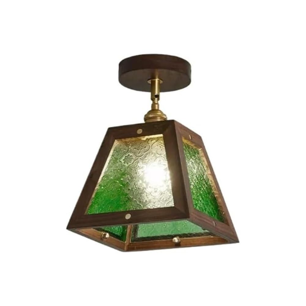 STUIJKVSZ Mid Century Retro Flush Mount Ceiling Light, 10.6-Inch Black Walnut Wood Brass Fixture, Embossed Patterned Glass Shade Lamp for Hallway Kitchen Entryway Porch, E26 Base(Green)