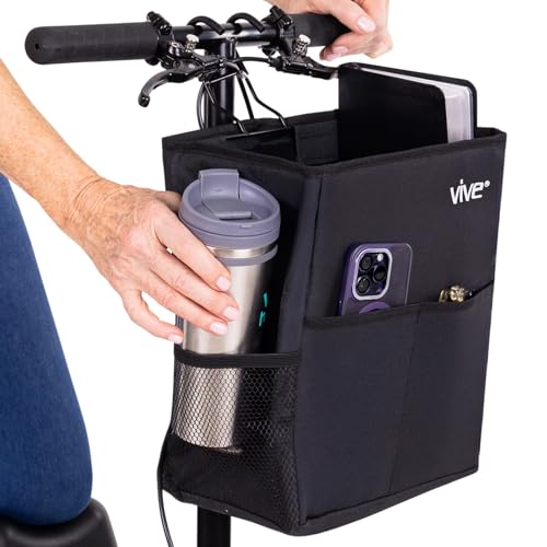 Vive Knee Scooter Basket with Cup Holder - Scooter Accessories for Adults, Seniors - Convenient Storage for Personal Items, Groceries, Medical Supplies - 2 Front Pockets, Easy Installation (Gray)