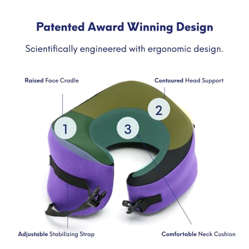 Image of C CUSHION LAB Travel Pillow, Award-Winning Patented Ergonomic Design for Chin & Neck Support Memory Foam Neck Pillow, Compact Airplane Pillow for Traveling, Flight, Car (Royal Purple, Large)