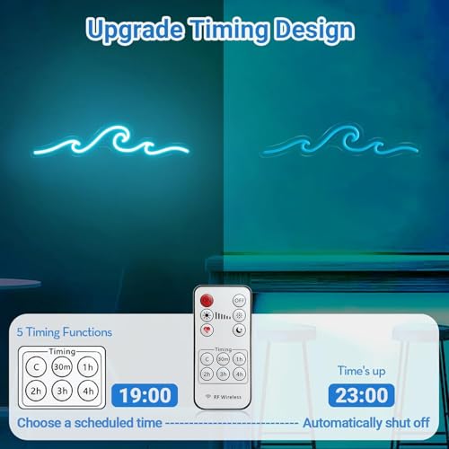 Image of Wave Neon Sign, Wave Light up Wave Night Lamp for Bedroom, USB Power Led Neon Wave Light for Wall Decor, Sea Beach Party Surf Ocean Home Bedroom Living Room Birthday Gift - 15''