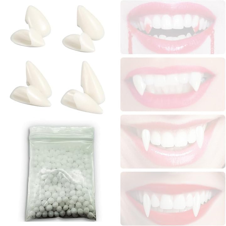 4 pares presas de dentes de vampiro, decoração de utilitários de dentadura postiza de cosplay de festa de Halloween com adesivo de pellets de dentes para o Halloween, 13/15/ 17/19 mm