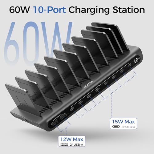 Image of Unitek 10-Port Desktop Charging Dock Ultimate Charging Station for Multiple Devices, iPhones & Apple Products High-Speed USB Hub with LED Display for Office, Kitchen Counter, Desk Organizer