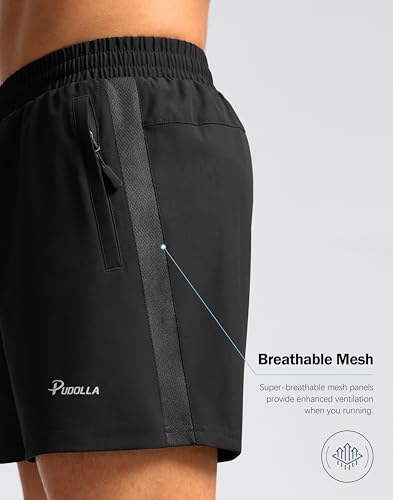 Pudolla Men's Running Athletic Shorts with 3 Zipper Pockets 5"/7" Gym Workout Shorts Lightweight Quick Dry for Hiking Casual4