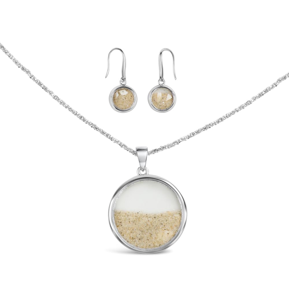 DUR Schmuck Kollektion „Sandsturm“, Ohrhänger, Anhänger und Kette als Set, 925 Sterling Silber mit Strandsand – anlaufsicher rhodiniert, P2936, O4835, K2248