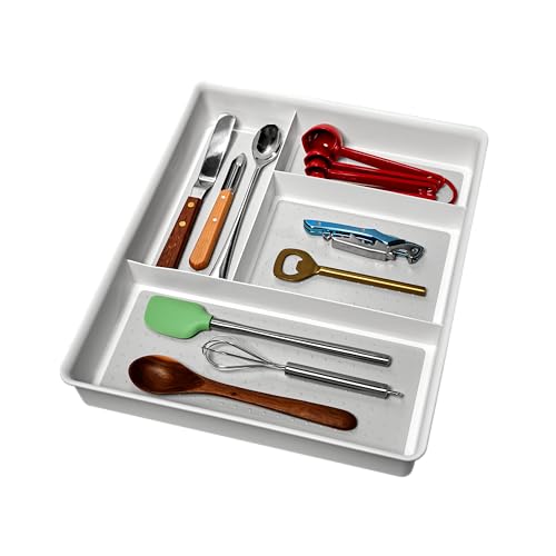 Madesmart Classic 4-Compartment Drawer Organizer Gadget Tray, Plastic Multipurpose Storage Bin for Drawers, White