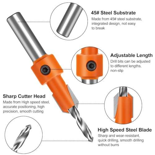 Brocas para avellanar madera juego de 5 piezas vástago 8mm ajustable 2
