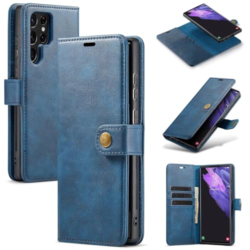 Image of Scalebee BackCover for Samsung Galaxy S23 Ultra Magnetic Detachable 2 in 1 Split Leather Wallet Phone Cover,Genuine Leather Wallet Case,Magnetic Pouch Shell (Blue)