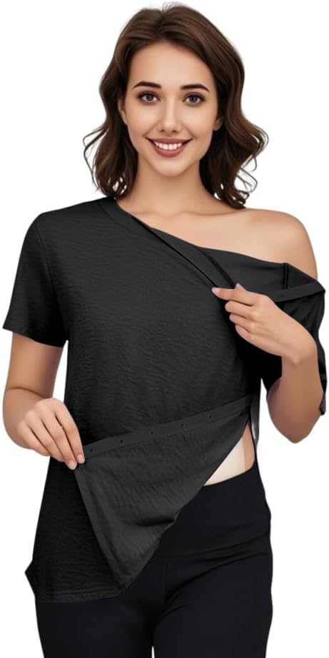 Fififlip Women's Post Shoulder Surgery Tear Away Shirt Short Sleeve Side Snap Chemo Port Postpartum Shirts Adaptive Clothing