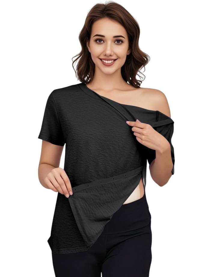 Fififlip Post Shoulder Surgery Tear Away Shirt for Women Short Sleeve Side Snap Chemo Port Postpartum Shirts Comfy Recovery Black XX-Large Tops Adaptive Clothing