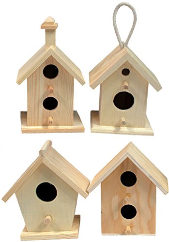 Creative Hobbies Mini 4 Inch Tall Birdhouse, Set of 4 Styles, Unfinished Wood Ready to Paint or Decorate