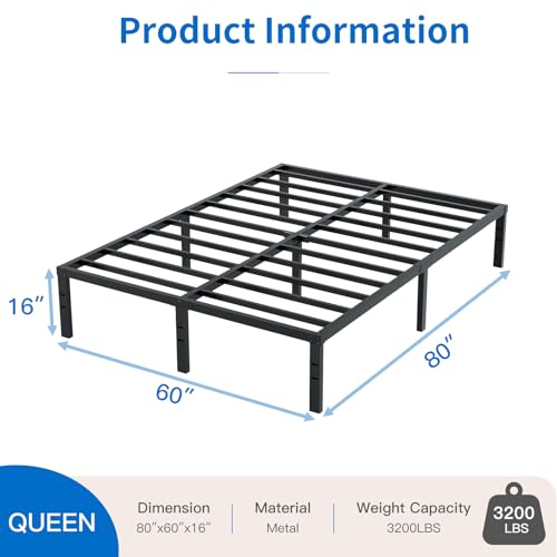 Queen Bed Frame 3200lbs Heavy Duty Metal Platform No Box Spring Needed with Steel Slat Support, Easy Assembly,Noise-Free 16 Inch Queen image 6