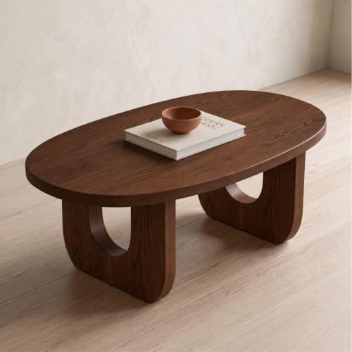 Image of Mango Wood Oval Coffee Table for Living Room, Modern Wooden Center Table with Unique U-Shaped Legs, Walnut Finish