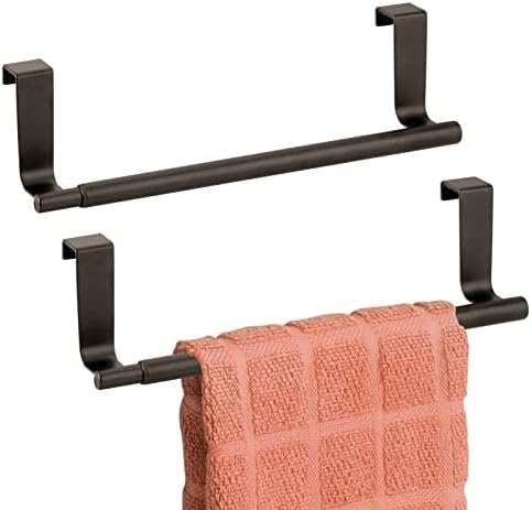 mDesign Adjustable, Expandable Over Kitchen Cabinet Towel Bar Rack - Hang on Inside or Outside of Doors, Hold Hand, Dish, Tea Towels - Customizable to 17" Wide, Omni Collection, 2 Pack - Bronze