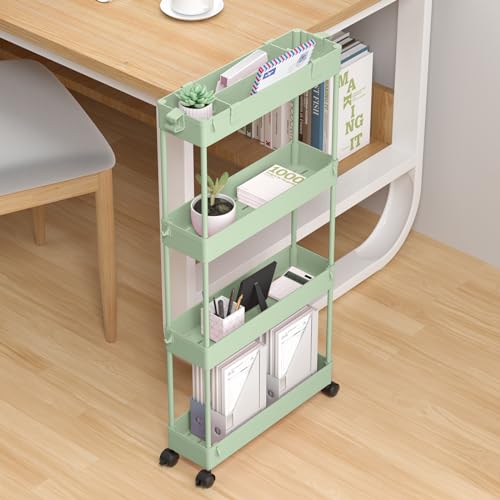 Image of SPACELEAD Slim Storage Cart 4 Tier,Bathroom Organizer Rolling Utility,Mobile Shelving Unit Slide Out for Office, Kitchen, Laundry Room & Narrow Places,Green
