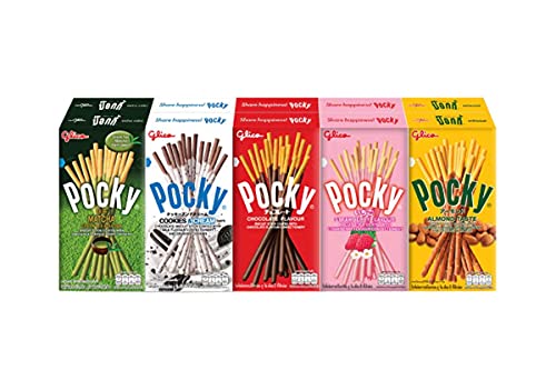 Glico Pocky Biscuit Stick 7 Flavor Variety Pack (Pack of 10) Pocky Chocolate, Strawberry, Matcha Green Tea, Cookies & Cream , Almond / Happiness Package