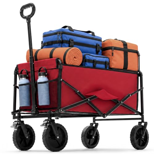 DUMOS Collapsible Wagon Cart, Heavy Duty Foldable Utility Wagon with Lockable Brake Wheels – 330 lbs Capacity, Flexible Handle for Beach, Garden, Sports, Grocery & Camping, Red