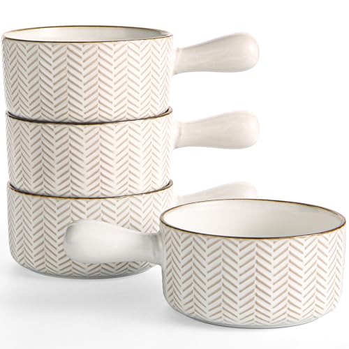 Gooditour French Onion Soup Bowls - 20 Oz Ceramic Soup Crocks with Handles - Embossed Stoneware Bowls for Soup Chili Beef Stew - Microwave Dishwasher Oven Safe - Set of 4 Leaf Pattern