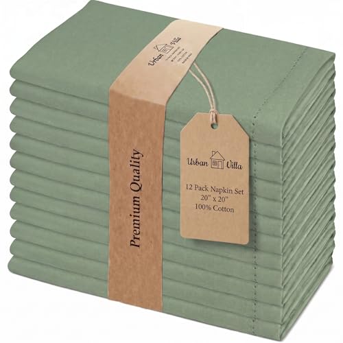 Urban Villa Cloth Napkins Sage Hemstitch Dinner Napkins Set of 12 20X20 100% Cotton Absorbent Washable Durable Reusable Cloth Napkins Ideal for Farmhouse Party Thanksgiving Harvest Fall Dinner Napkins