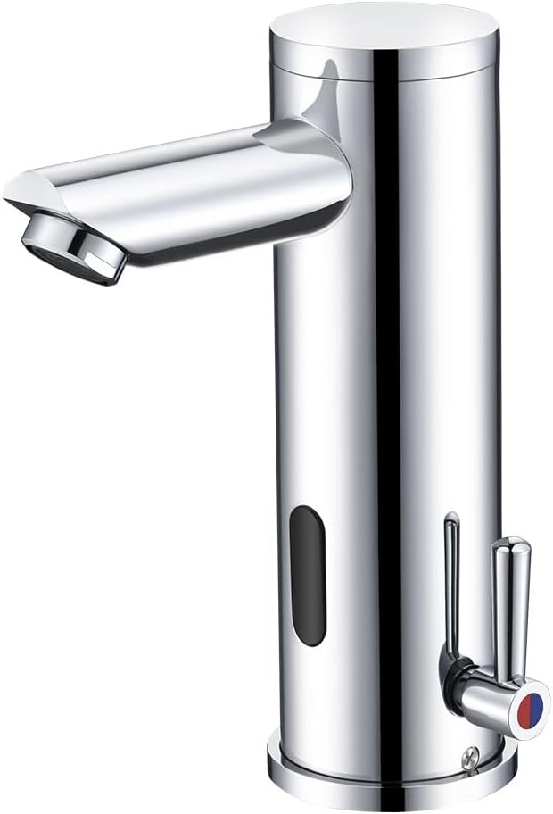 Automatic Touchless Bathroom Sink Faucet - Sensor Motion Activated No-Touch Brass Faucet with Adjustable Temperature Control Handle for Home Vanity, Commercial, and Office Use (Short, Chrome)