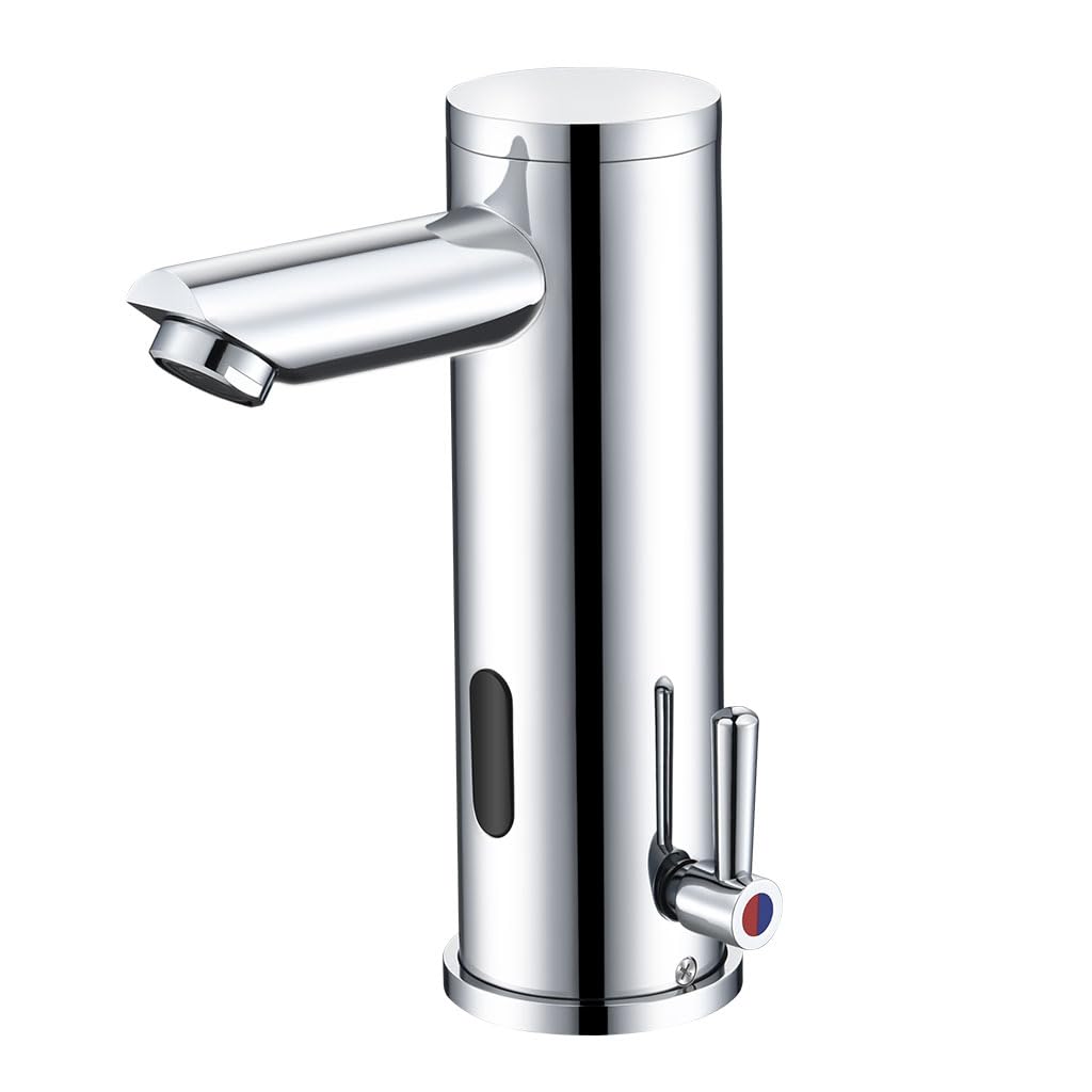 Rubinetto automatico per lavandino del bagno, senza tocco, con sensore di movimento, in ottone, con maniglia regolabile per controllo della temperatura, per uso domestico, commerciale e ufficio (corto