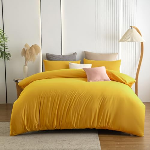 Soifox Double Duvet Cover Set - Yellow Bedding Set Double Bed with Zipper Closure, Soft Microfiber Quilt Cover with 2 Pillowcases