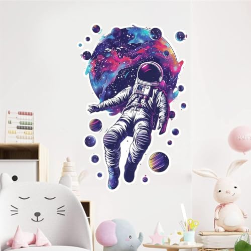Image of Galaxy Astronaut Wall Sticker | Self Adhesive Space Theme PVC Wall Decal for Ki-ds Room, Bedroom, Nursery & Playroom Decor