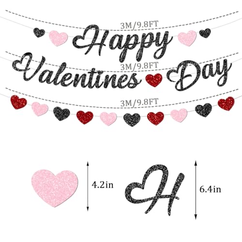 Glitter Happy Valentines Day Decorations Banner Red and Black Glittery Heart Valentine’s Day Garland Banner for Black Happy Valentine’s Day Party Valentines Wedding Anniversary Party Supplies - Image 4