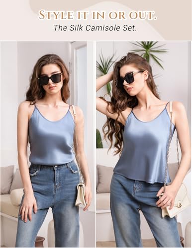 Image of THXSILK 100% Mulberry Silk Women Cami Pajama Set, Tank Top with Shorts Sleepwear, Adjustable Spaghetti Straps, Luxury Pj Set