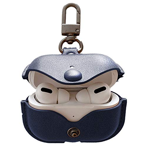 Image of Genuine Leather Case Compatible with AirPods Pro 3rd Gen (2025), VOMA Protective Cover for Apple AirPods Pro 3 Wireless Charging Case with Keychain and Snap Lock Navy Blue