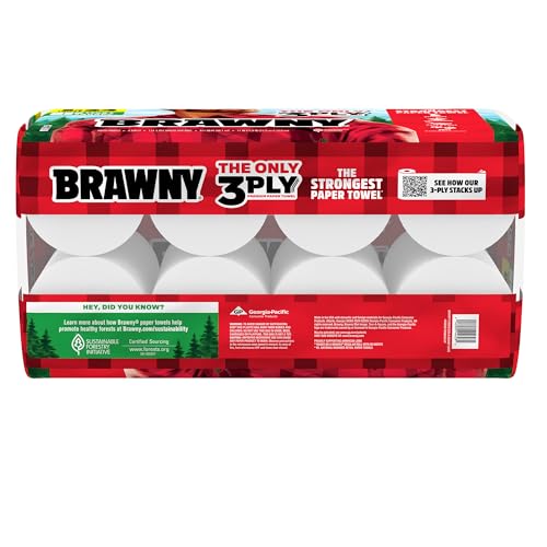 Brawny Tear-A-Square 3-Ply Paper Towels, 8 Triple Rolls = 24 Regular Rolls, Strong, Absorbent, and Durable with 3 Sheet Sizes (Quarter, Half, Full)