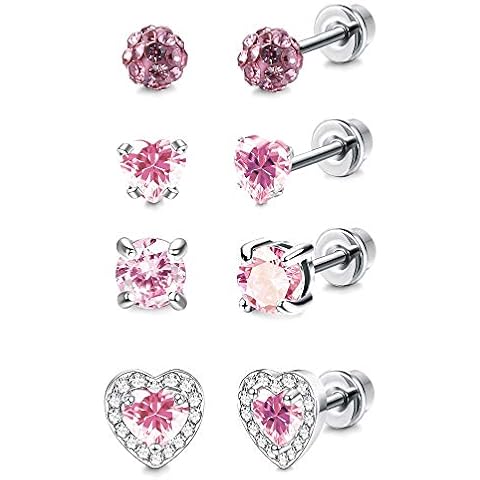 SAILIMUE 4 Pairs Screw Back Earrings for Women Halo Cubic Zirconia Earring Barbell Stud Earrings Heart CZ Stud Stainless Steel Earrings Set Tragus Cartilage Jewelry Cover