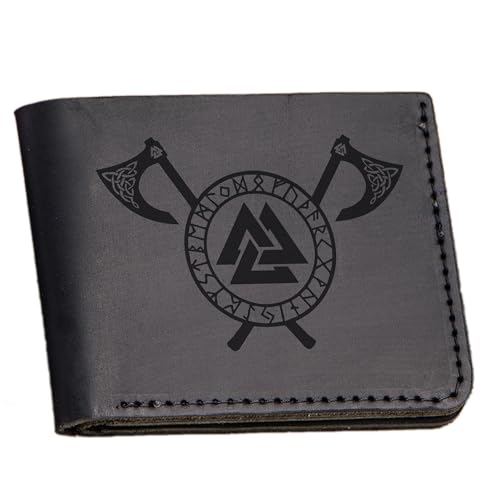 Vikings Norse Axe Valknut Leather Wallet Bifold Handmade Gift for Him Norse Runes Symbols Nordic Mens Wallet Christmas Gift for Husband Boyfriend Gift Christmas Gifts For Dad #442
