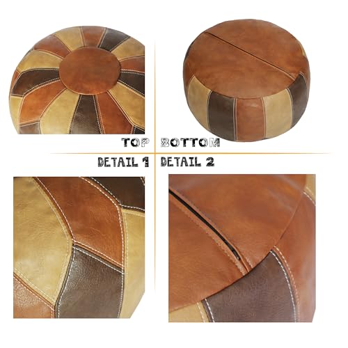 Thgonwid Unstuffed Moroccan Faux Leather Pouf Ottoman with Storage - Handmade Boho Chic Multi-Use Footrest for Living Room, Bedroom, Patio - Round Ethnic Floor Cushion & Decorative Accent, Tricolor