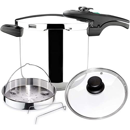 Magefesa Athenas - Pack Exclusivo Olla Express Rápida 7.5L + Cestillo + Tapa de Cristal, Acero Inoxidable 18/10, Para Inducción, Fondo Termo-Difusor