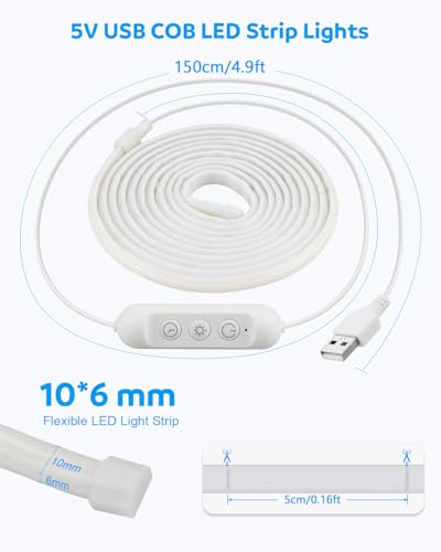 Aclorol Tira LED COB 5V 6000K 6M Impermeable Dimmable miniatura 6