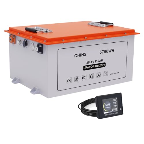 CHINS Smart LiFePO4 Battery Bluetooth 36V 150AH Lithium Battery Perfect for Golf Cart, Trolling Motor, Marine, Built-in 200A BMS, Includes Battery Monitor, Peak Current 1000A
