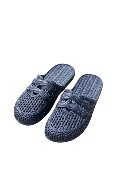 Women's Woven Mule Slippers, Navy Blue, Breathable Mesh Design, Floral Detail, Casual Slip-On Slides-image-35