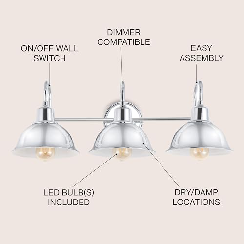 Image of JONATHAN Y 27 inch Chrome Farmhouse Industrial 1-Light LED Vanity Wall Sconce for Bathroom Mirror Kitchen, Metal Shade, Dimmable Vintage Lighting, LED Bulb Included (JYL7483A)