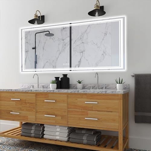 Image of 60x40 Inch Led Mirror for Bathroom with Front Light and Backlit, Bathroom Mirror with Led Lights, Vanity Mirror with Lights for Wall, Anti-Fog, Dimmable, Memory Function, Tempered Glass