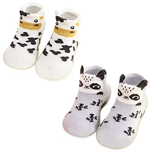 FedMois 2 Paires Chaussettes Pantoufle antidérapantes Chaussons Bébé, vache et panda, 12 mois