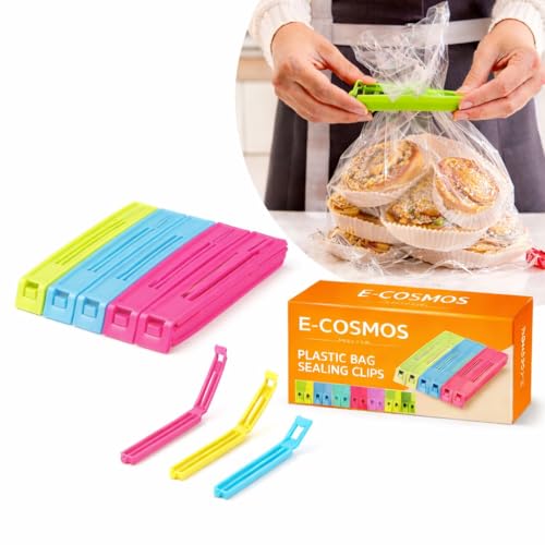 E-COSMOS 18 Pcs - 3 Different Size Plastic Food Snack Bag Pouch Clip Sealer Large, Medium, Small Plastic Snack Seal Sealing Bag Clips Vacuum Sealer (Set of 18, Multi-Color), Mix Size
