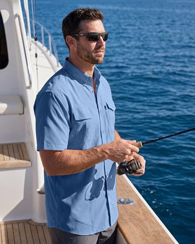 BETBO Men's Short Sleeves Fishing Shirts Summer Travel Button Down Work Shirts with Zipper Pockets(Mallard Blue, XX-Large) — view 3