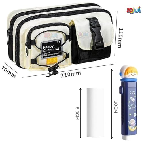 Image of Large Capacity Cute Aesthetic Pencil Case with Multi ompartments, Multi-Pocket Pastel Pen Pouch Organizer with Zipper, Kawaii School Supplies Bag for Girls (Black Happy EveryDay + Space Blue Eraser)